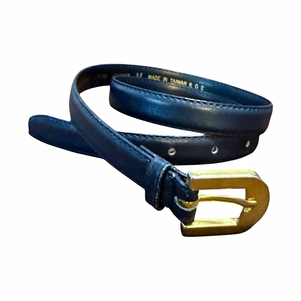 Vintage Crown Pacific Navy Blue Leather Skinny Belt M Gold Tone Buckle